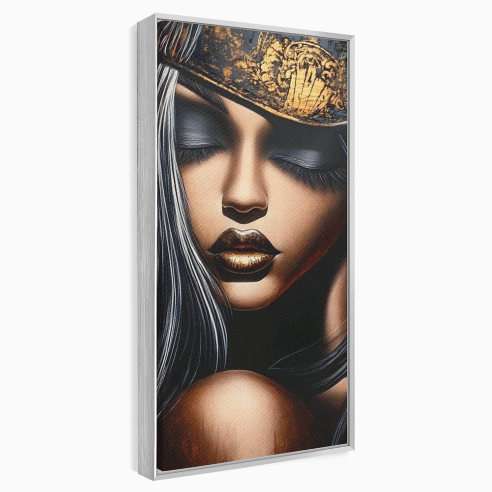 Tablou canvas cu tablou canvas cu femeie si coroana aurie, in rama de aluminiu argintiu